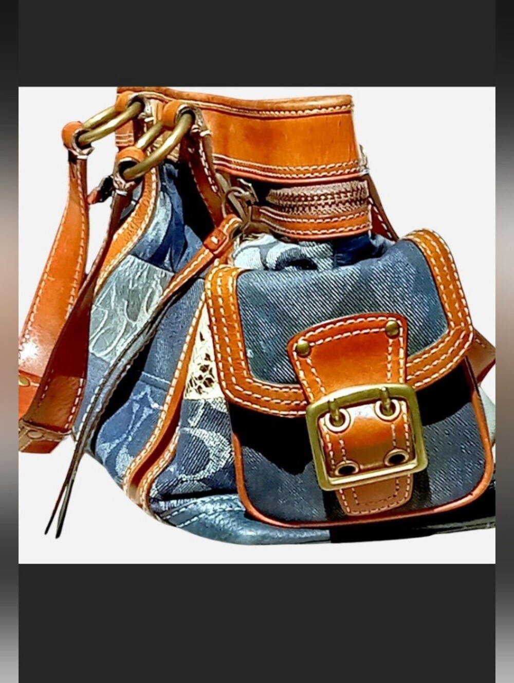 Rare Coach Patchwork Denim Tote with Brown Leather Trim - Picture 2 of 3